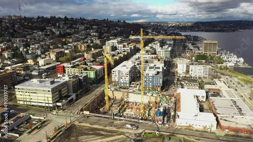 Orbiting aerial of the future Amazon headquarters location prior to construction.