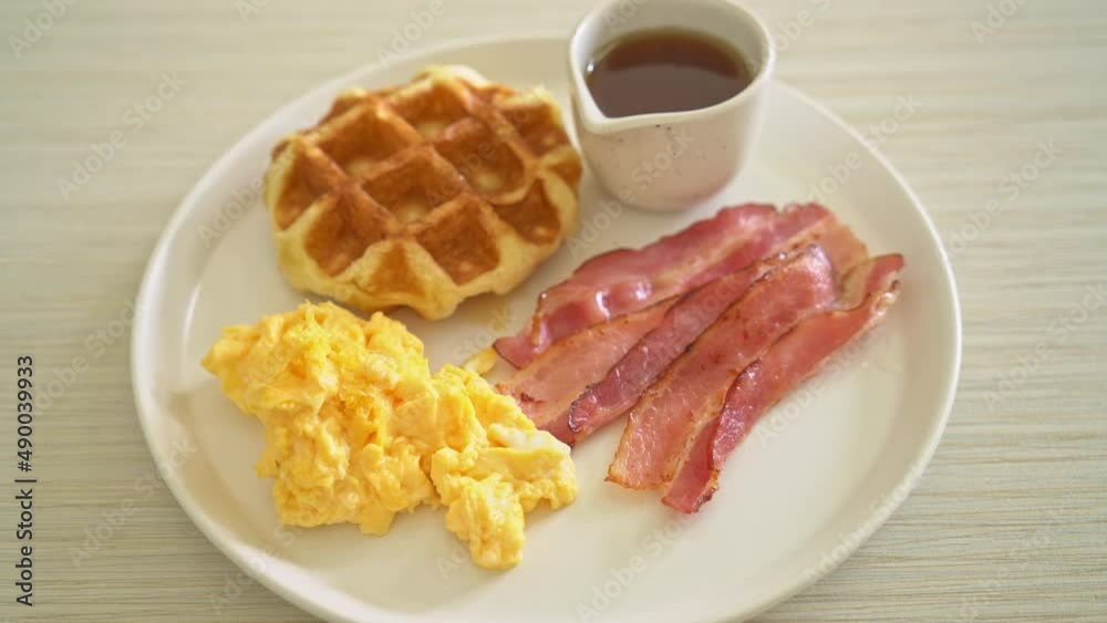 scrambled egg with bacon and waffle for breakfast scrambled egg with bacon and waffle for breakfast