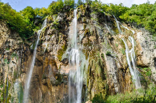 Velky Slap View. The Biggest Waterfall in Plitvice Lakes National Park, Croatia. Waters Flows Over a Vertical Steep Drop.