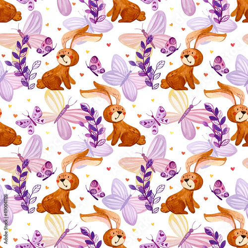 Seamless pattern with cute rabbit  butterflies and twigs.
