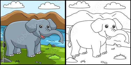 Elephant Coloring Page Colored Illustration