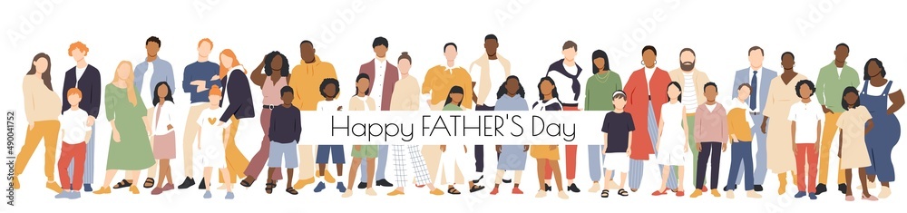 Happy Father's Day card. Multicultural group of mothers and fathers with kids. Flat vector illustration.