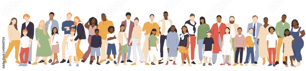 Multicultural group of mothers and fathers with kids. Flat vector illustration.