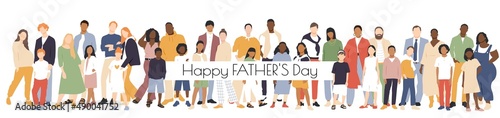 Happy Father's Day card. Multicultural group of mothers and fathers with kids. Flat vector illustration. © Stafeeva