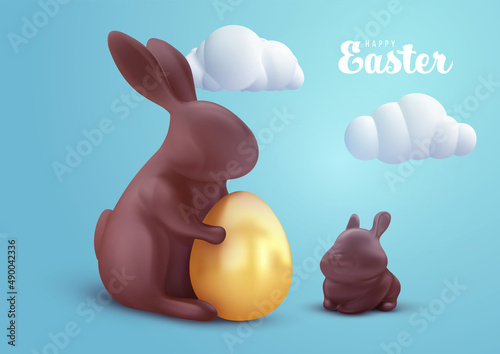 Easter festive composition in realistic 3d cartoon style. Сhocolate rabbit with golden egg and little bunny. Holiday trendy background design for banner, cover, ads. Minimal vector illustration.