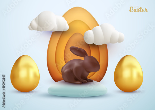 Easter festive composition in realistic 3d cartoon style. Colorful chocolate rabbit, white clouds and golden eggs. Holiday trendy background design for banner, cover, ads. Minimal vector illustration.
