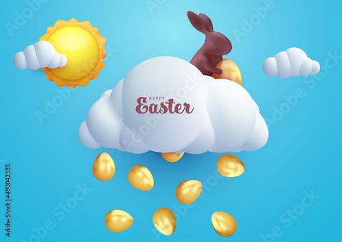 Easter festive composition in realistic 3d cartoon style. Сhocolate rabbit on white cloud with falling gold eggs. Holiday trendy background design for banner, cover, ads. Minimal vector illustration.