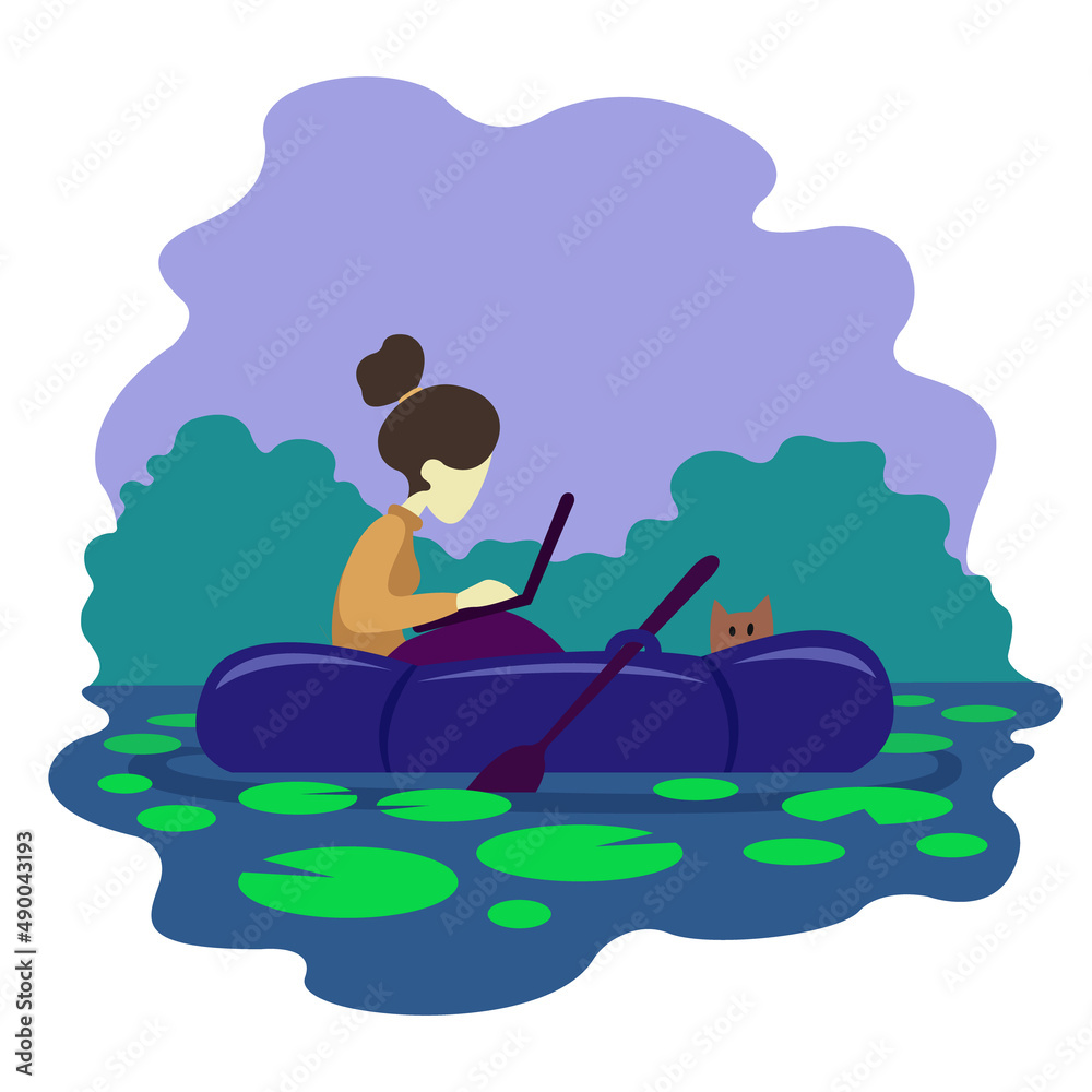 a girl with a laptop is sitting in a boat. remote work. remote study. flat vector illustration. outdoor recreation.