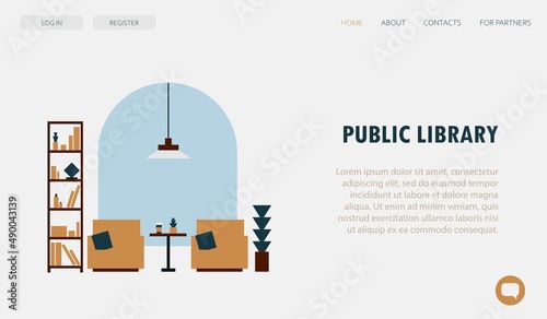 Minimalistic landing page website user interface template design with interior window armchair coffee tale lamp bookcase and decorative plants in light pastel colors
