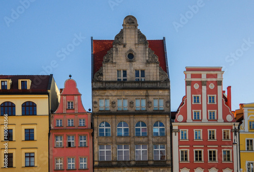 Roofs of Wroclaw central market square (Rynek) in Wroclaw old historic town with old colorful buildings. Famous touristic destination. Beautiful architecture. Space for text.