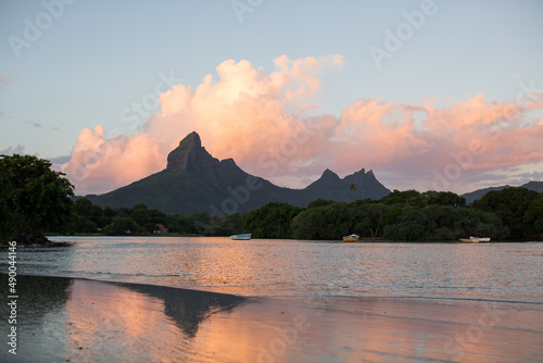 Rempart and Mamelles peaks, from Tamarin Bay where the Indian Ocean meets the river, Tamarin, Black River District, Mauritius photo