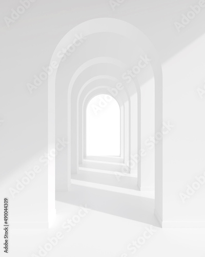 White architecture arch hallway space. Abstract arch curve corridor with soft shadow.