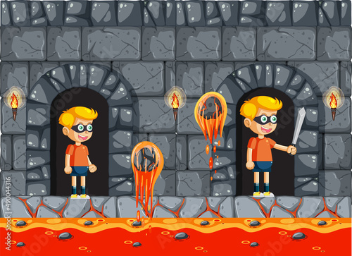 A boy in lava game scene