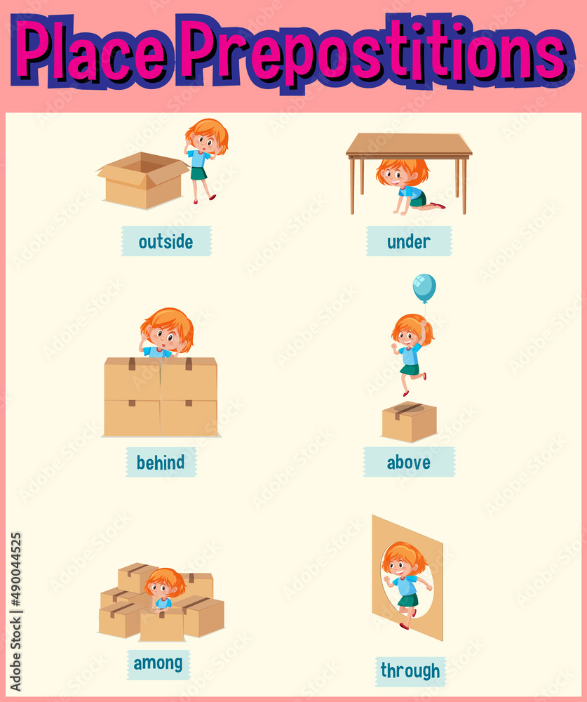 Prepostion wordcard design with girl and boxes Prepostion wordcard design with girl and boxes