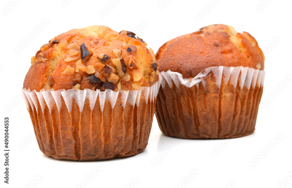 An espresso banana nut muffin isolated on pure white background An espresso banana nut muffin isolated on pure white background