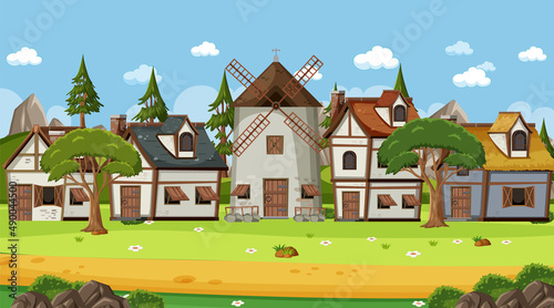 Medieval town scene with villagers