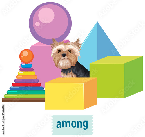 Preposition wordcard with dog and shapes