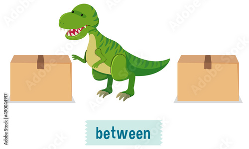Preposition of place with cartoon dinosaur and boxes