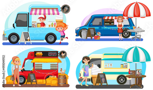 Flea market concept with set of different food trucks © brgfx