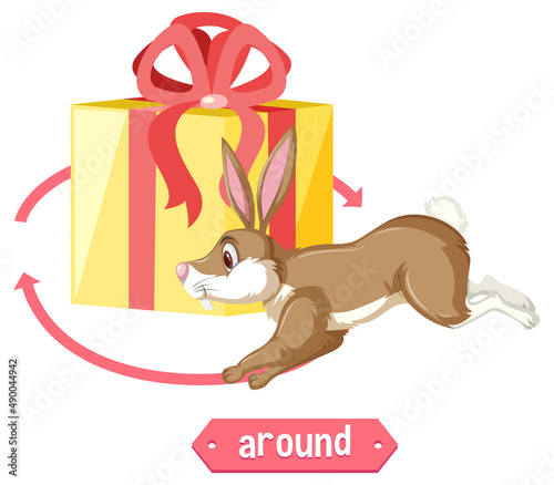 Preposition wordcard with rabbit run around box