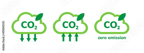 CO2 emission, reduction, neutrality concept vector flat icon set. Carbon dioxide zero footprint, carbon gas air pollution protection, ecology environment CO2 green clouds for your designs. photo
