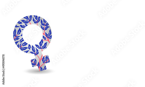 Símbolo feminista. Recurso grafico de Día Internacional de la Mujer. Diseño de fondo o banner con texto escrito a mano en tonos violeta. Recurso grafico sobre fondo blanco con motivos florales