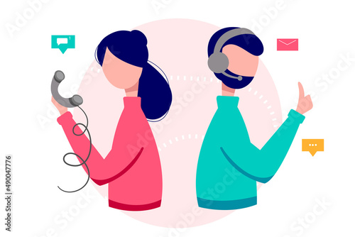 Man and woman call center operators. Customer service, online and phone consultation. flat style illustration. photo