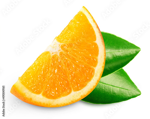 Orange fruit with leaf isolate. Orange slice on white. Orange clipping path