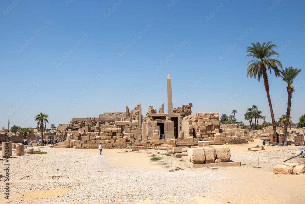 Luxor, Egypt - September 21, 2021: Thutmose I Obelisk and Queen Hatshepsut Obelisk in Amun Temple, Karnak, Luxor, Egypt