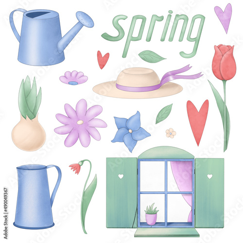 Spring set of illustrations with flowers, leaves, window, watering can.