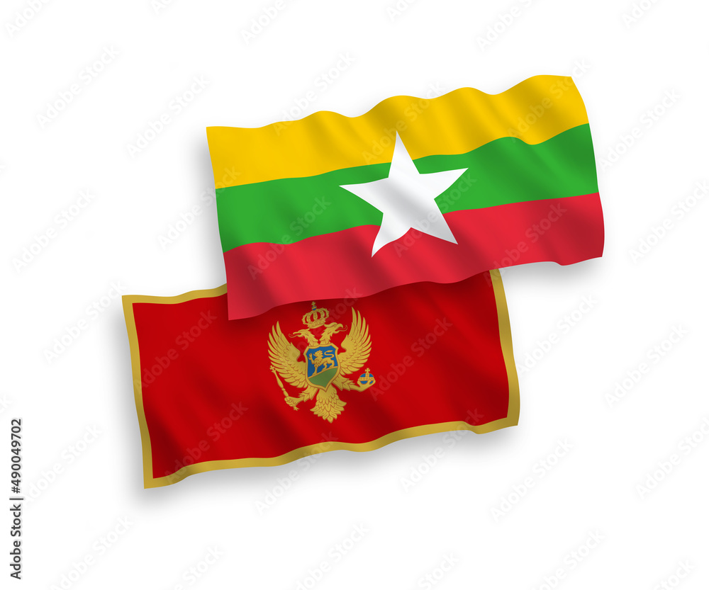 National vector fabric wave flags of Montenegro and Myanmar isolated on white background. 1 to 2 proportion.