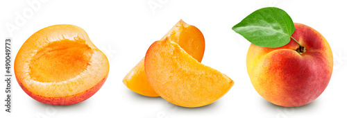 Apricot collection fruit with leaf isolate. Apricot set slice and half on white. Apricot clipping path.
