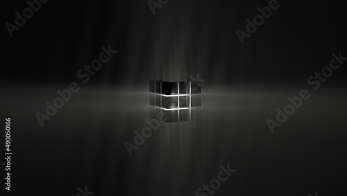 Glow white light and its beam from a black Rubic structure (3D Rendering)