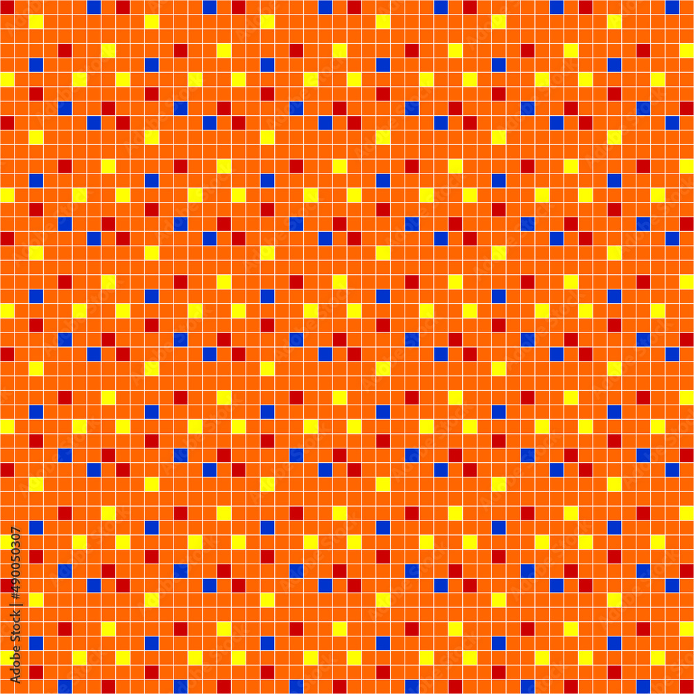 multicolored geometric shapes, seamless pattern, multicolored square mosaic, orange background