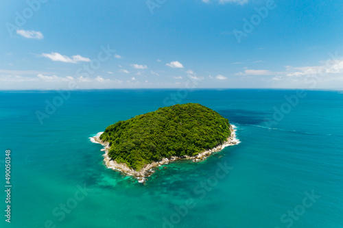Fototapeta Naklejka Na Ścianę i Meble -  Aerial view landscape of small island in tropical sea against blue sky background Amazing small island at Phuket Thailand