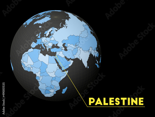Palestine highlighted on a dark globe with a blue world map. A satellite view centered on Palestine with the country name displayed. Vector illustration.