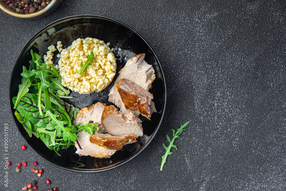 bulgur meat and salad leaves lettuce healthy meal food diet snack on the table copy space food background 