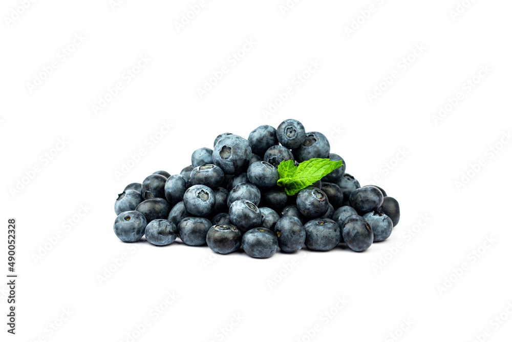 Blueberry. Ripe blueberry with mint leaves on white isolated background.