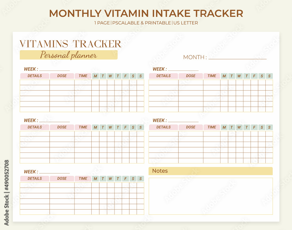 Vecteur Stock Minimalistic monthly printable vitamin and supplement intake  tracker template. Weekly, monthly, daily medication tracking log. Vector  horizontal template. | Adobe Stock