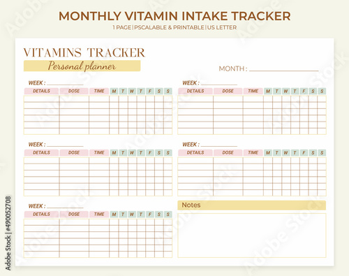 Minimalistic monthly printable vitamin and supplement intake tracker template. Weekly, monthly, daily medication tracking log. Vector horizontal template. photo