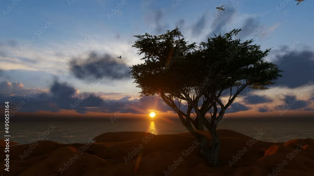 Tree and birds flying at sunset Tree and birds flying at sunset