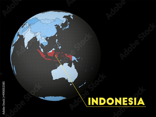 Indonesia highlighted on a dark globe with a blue world map. A satellite view centered on Indonesia with the country name displayed. Vector illustration.