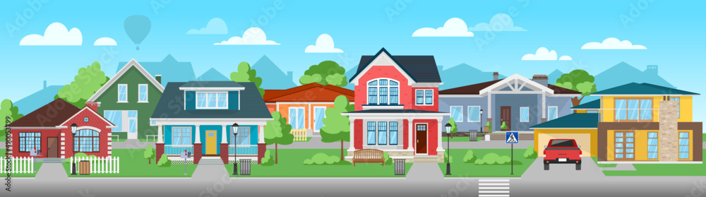 City houses, skyline view. Cute city concept horizontal banner flat vector illustration.