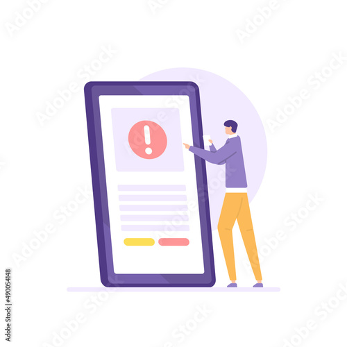 warning letter, hazard notification, report letter. a user gets a complaint that appears on his smartphone. banned, reported. flat cartoon illustrations. design concept. ui, landing page, element