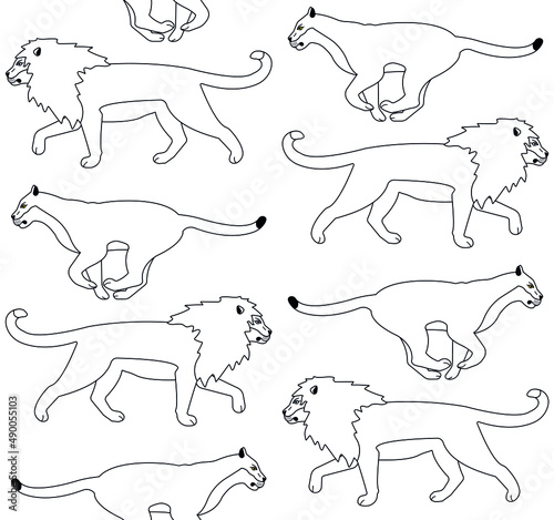 Vector seamless pattern of flat outline lion and lioness isolated on white background