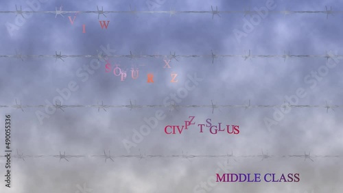 Barbed wire fence closes blue sky with clouds. Human rights concept. Freedom, democracy, the middle class, civil rights are disappearing. Animation of a barbed lattice in the sky.