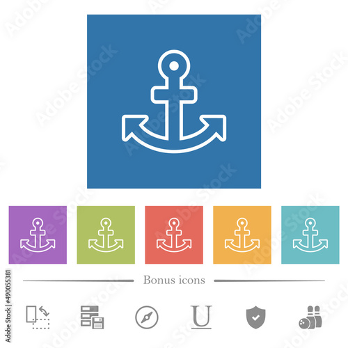 Anchor outline flat white icons in square backgrounds