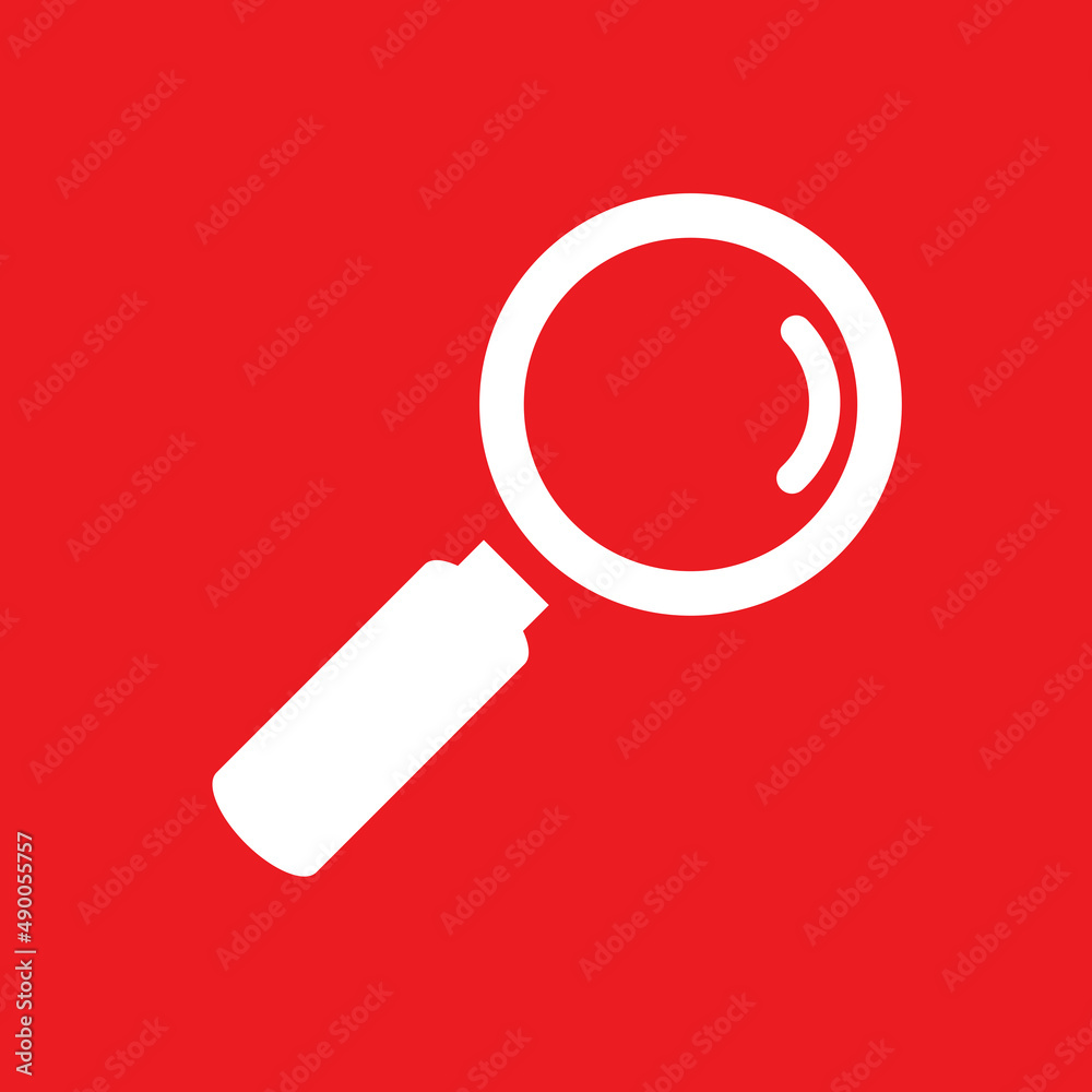 White magnifying glass icon isolated on red. Search icon in flat style. Trendy magnifying glass icon for search and zoom symbol, sign, ui, web site and magnifier logo. Modern magnifying glass vector White magnifying glass icon isolated on red. Search icon in flat style. Trendy magnifying glass icon for search and zoom symbol, sign, ui, web site and magnifier logo. Modern magnifying glass vector