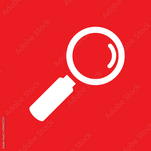 White magnifying glass icon isolated on red. Search icon in flat style. Trendy magnifying glass icon for search and zoom symbol, sign, ui, web site and magnifier logo. Modern magnifying glass vector