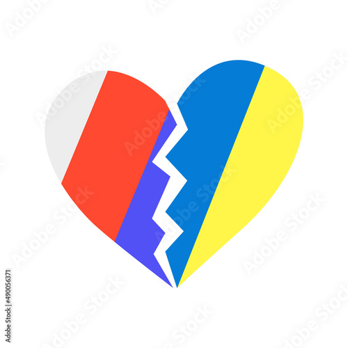 Broken heart with Russian and Ukrainian flags. No war concept. Isolated vector